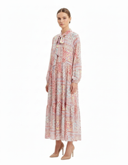 Vivienne Abstract Maxi Dress – Belted V-Neck Voile