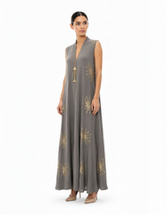 Lucille Leaf Print Maxi Dress – Relaxed Fit V-Neck Voile