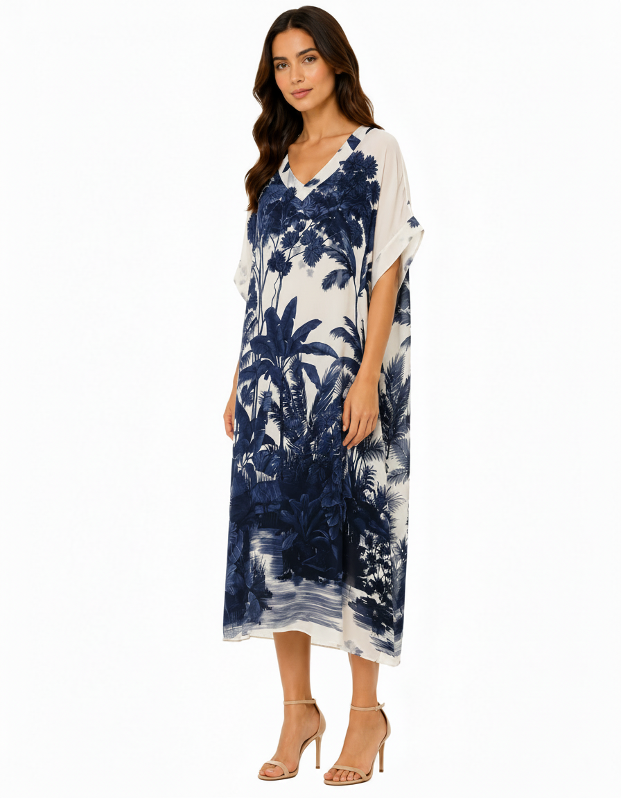 Priscille Tropical Maxi Dress – Pull-On V-Neck Voile