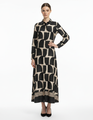 Sasha Geometric Maxi Dress – Button-Front Long Sleeve