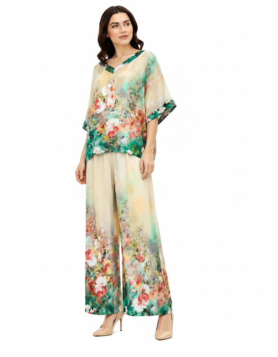 Solene-Marie Floral Co-ord Set – Pull-On V-Neck Voile