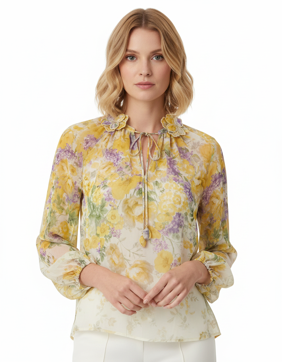 Celeste Floral Blouse – Belted V-Neck Voile