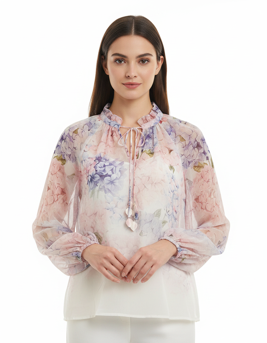 Colette Floral Blouse – Belted V-Neck Voile