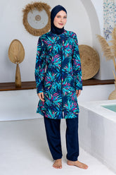 Cerise Leaf Print Maxi Burkini – Long Sleeve Voile