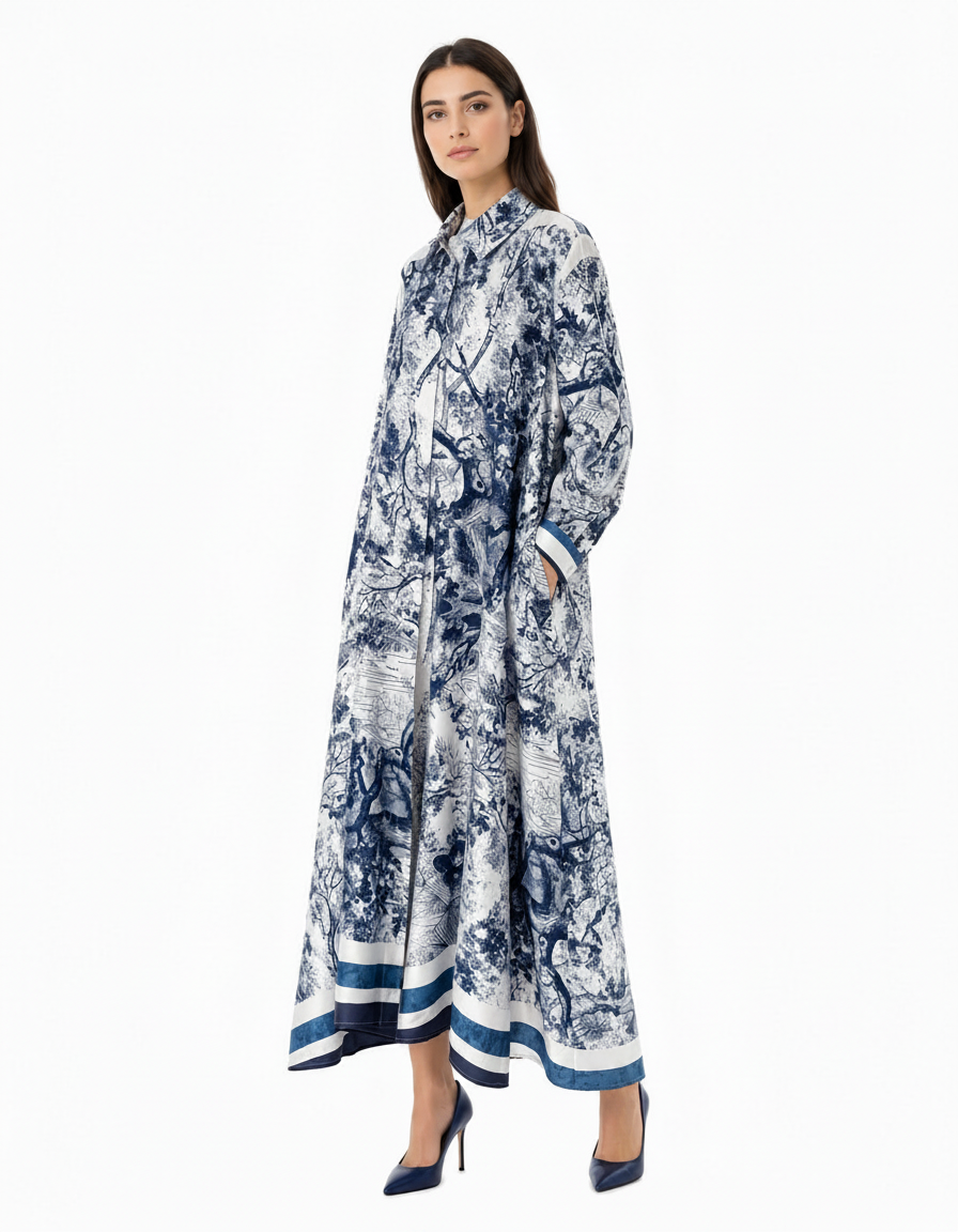 Balqis Abstract Maxi Dress – Button-Front Collared Elora
