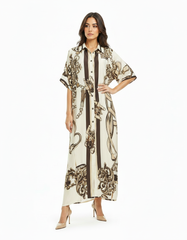 Kenda Abstract Midi Dress – Button-Front V-Neck Elora