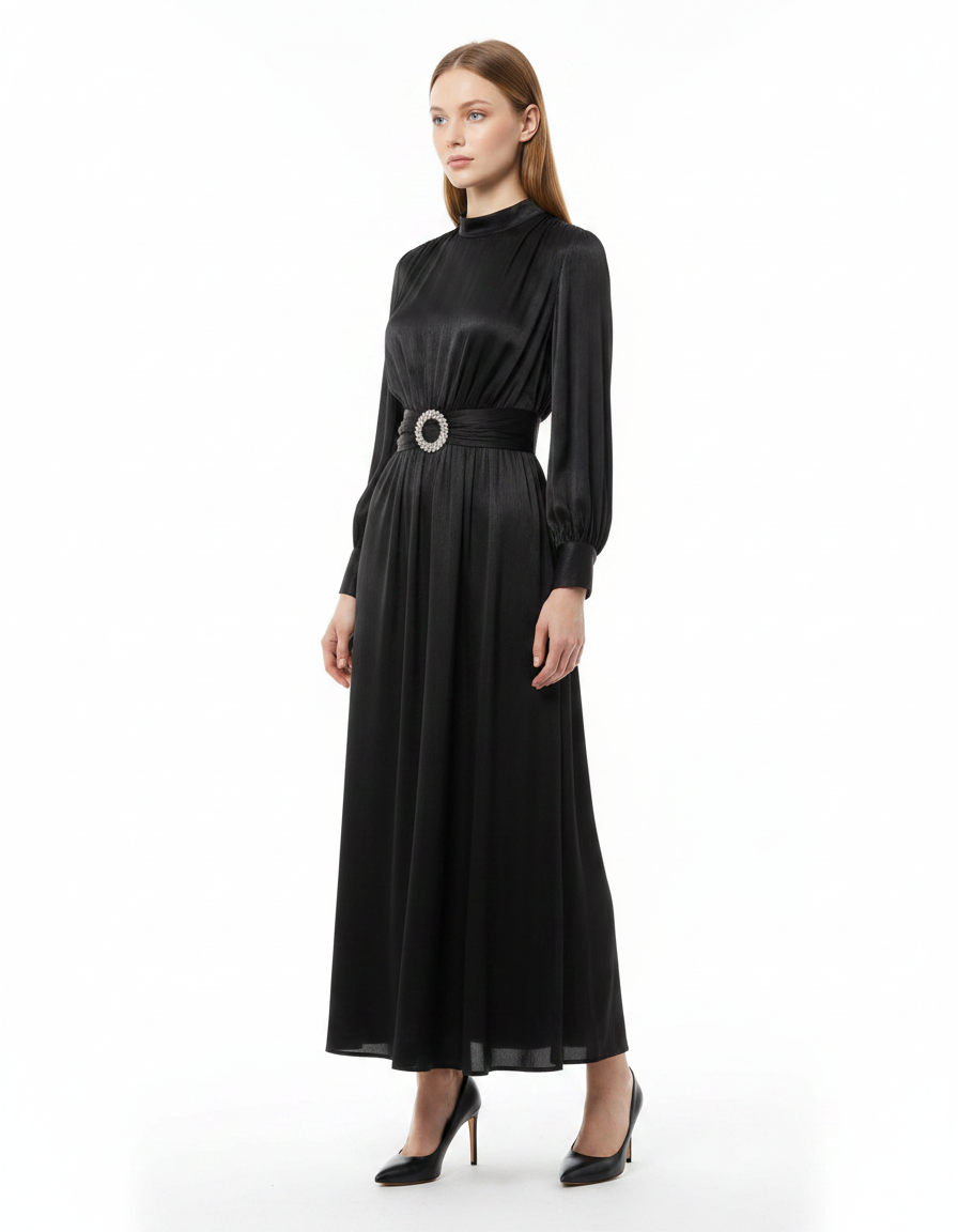 Elham Elegant Maxi Evening Dress – Belted Long Sleeve Elora