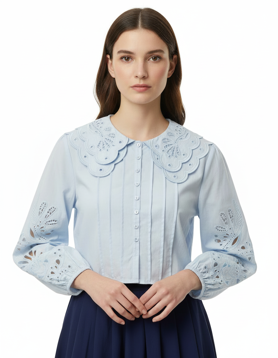 Hanan Cotton Cropped Blouse – Button-Front Long Sleeve Elora