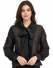 Orjuwan Silk Cropped Blouse – Button-Front Long Sleeve Elora