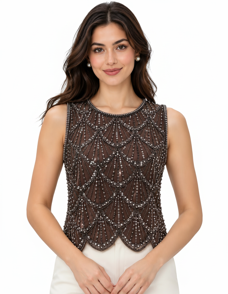 Hessah Geometric Cropped Blouse – Pull-On Sleeveless Elora