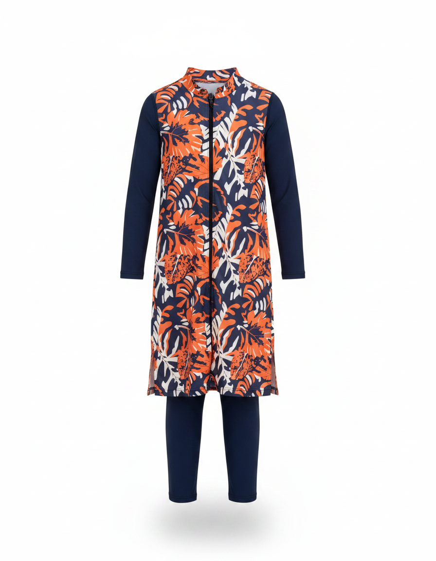 Angeline Leaf Print Maxi Burkini – Long Sleeve  Voile
