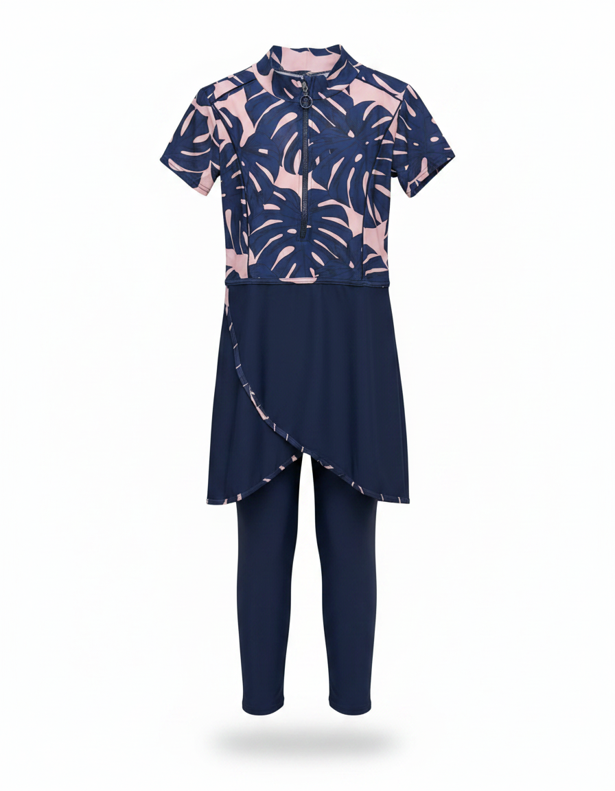 Babette Leaf Print Midi Burkini – Short Sleeve  Voile