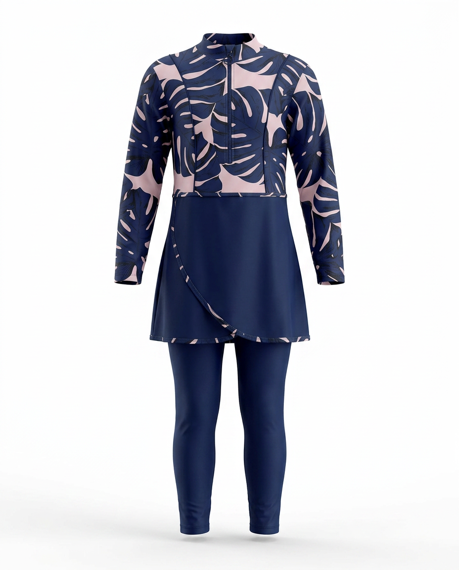 Carmine Leaf Print Maxi Burkini – Long Sleeve  Voile