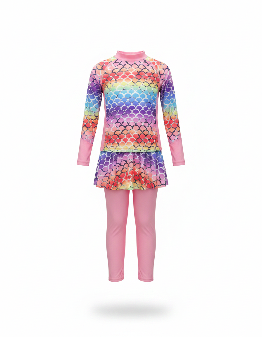 Cassiane Geometric Maxi Kids Swimsuit – Pull-On Long Sleeve  Voile