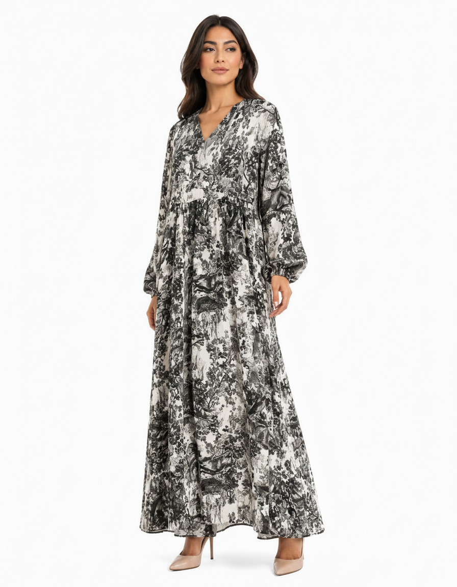 Camille Abstract Maxi Dress – Oversized V-Neck  Voile