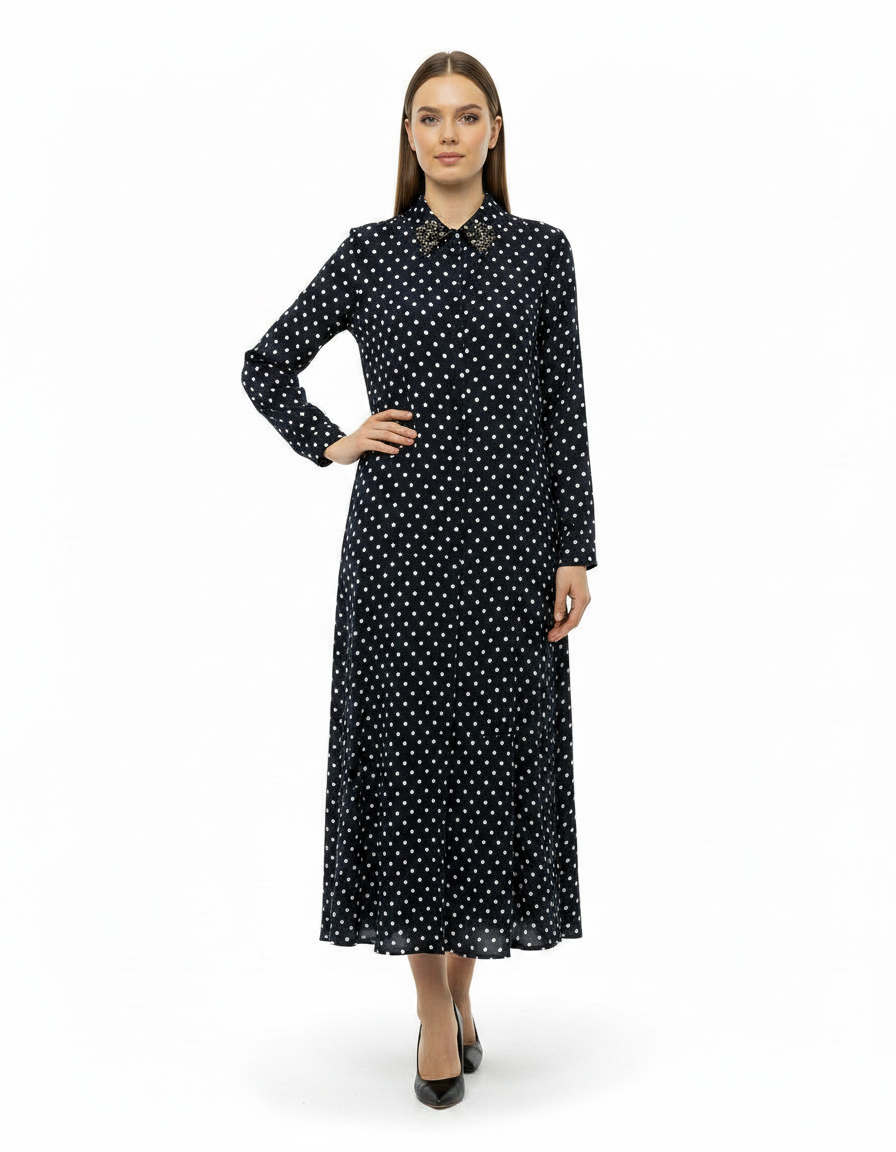 Elise Polka Dot Maxi Dress – Button-Front Collared  Voile