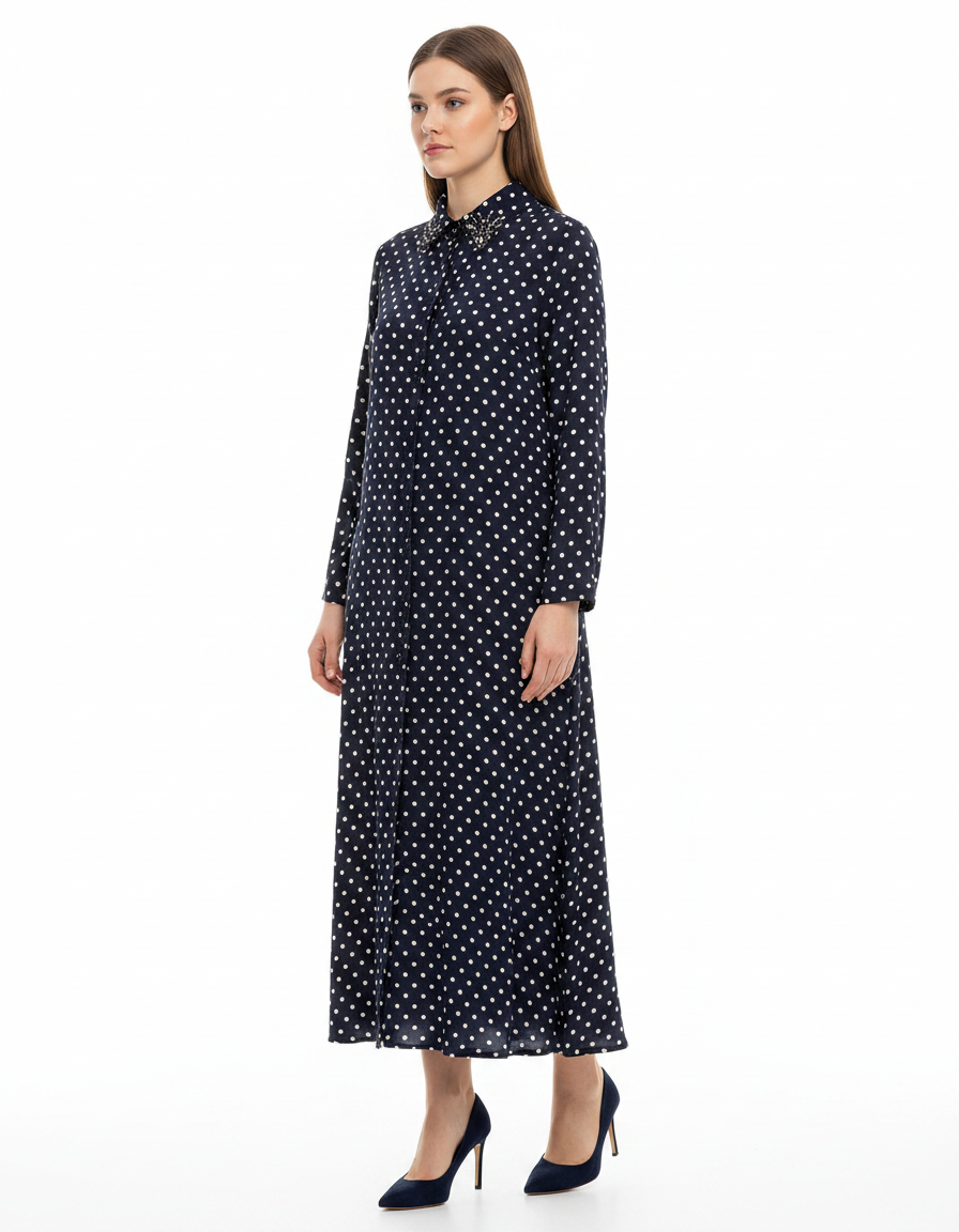 Elise Polka Dot Maxi Dress – Button-Front Collared  Voile