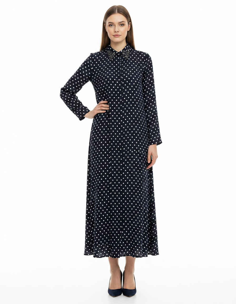 Elise Polka Dot Maxi Dress – Button-Front Collared  Voile