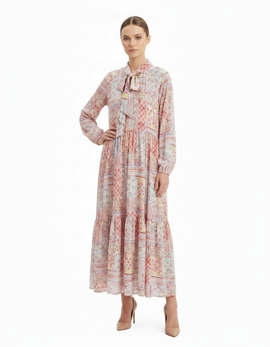 Vivienne Abstract Maxi Dress – Belted V-Neck  Voile