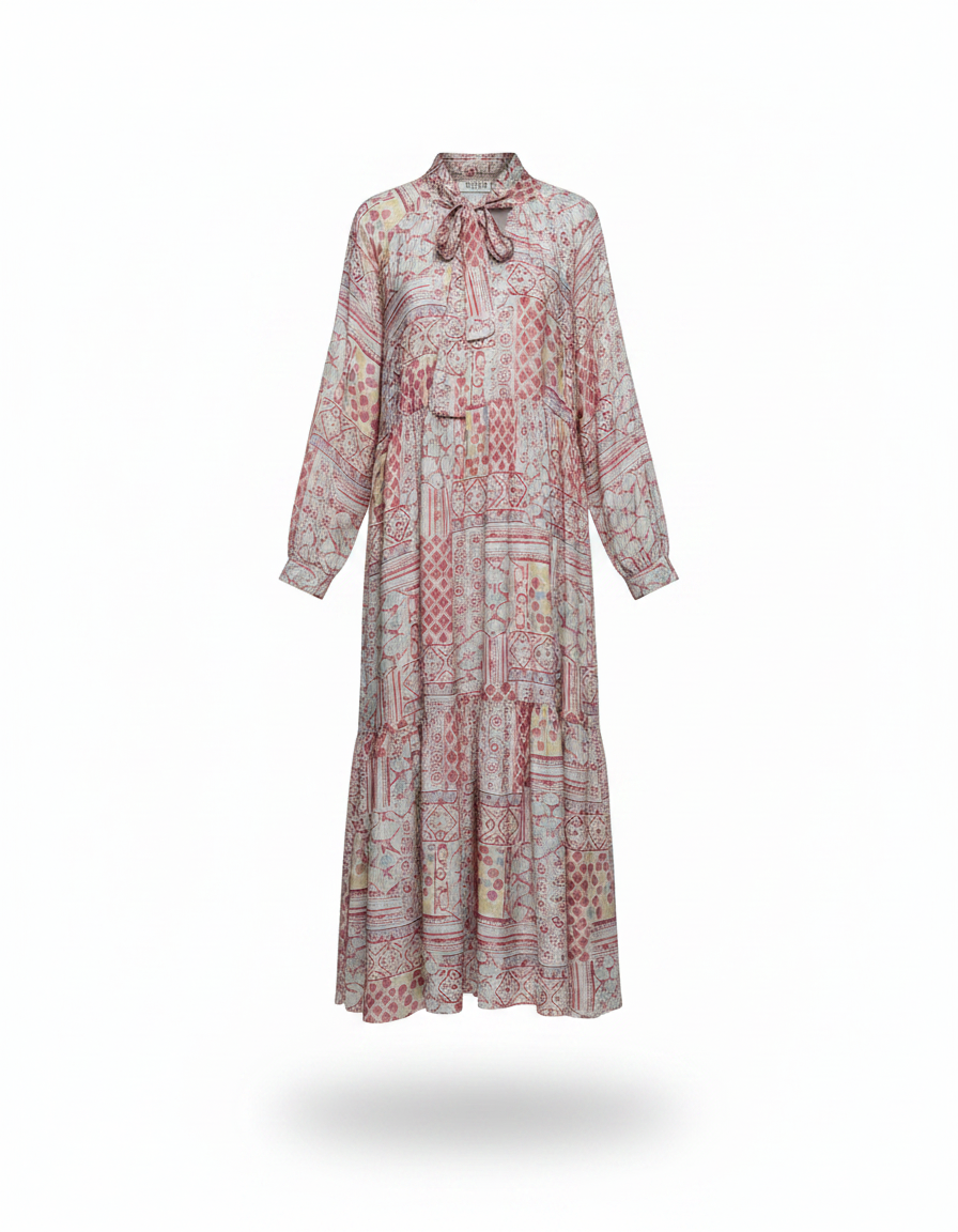 Vivienne Abstract Maxi Dress – Belted V-Neck  Voile