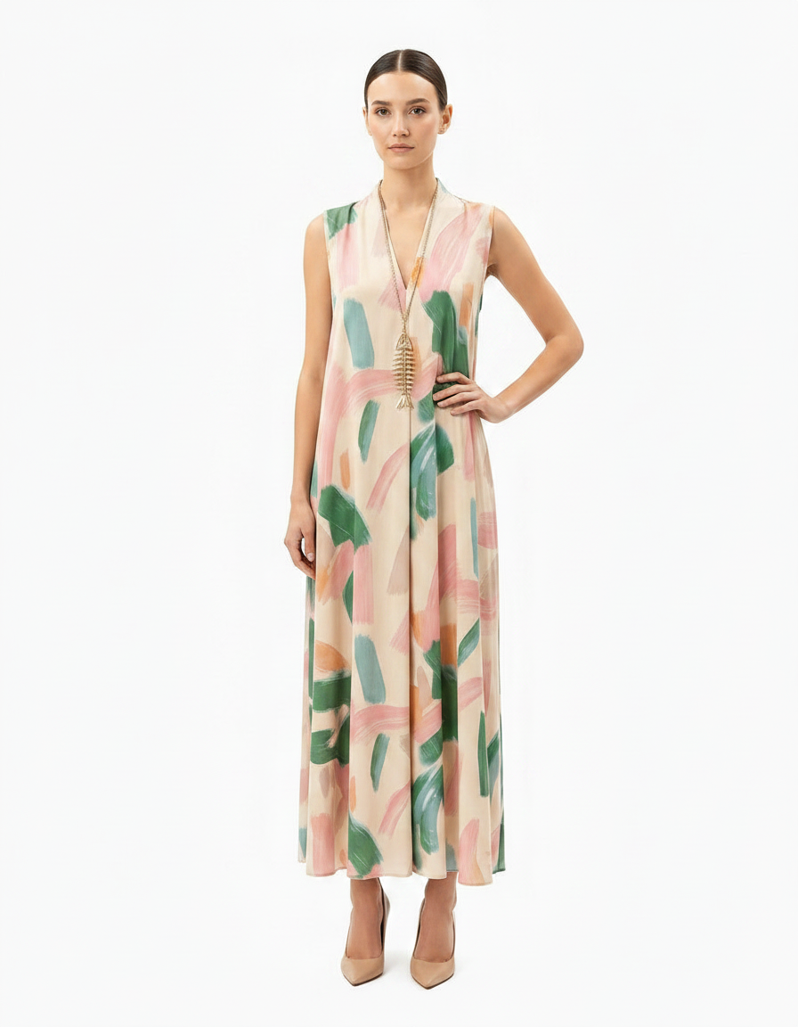 Heloise Watercolor Maxi Dress – Relaxed Fit V-Neck  Voile
