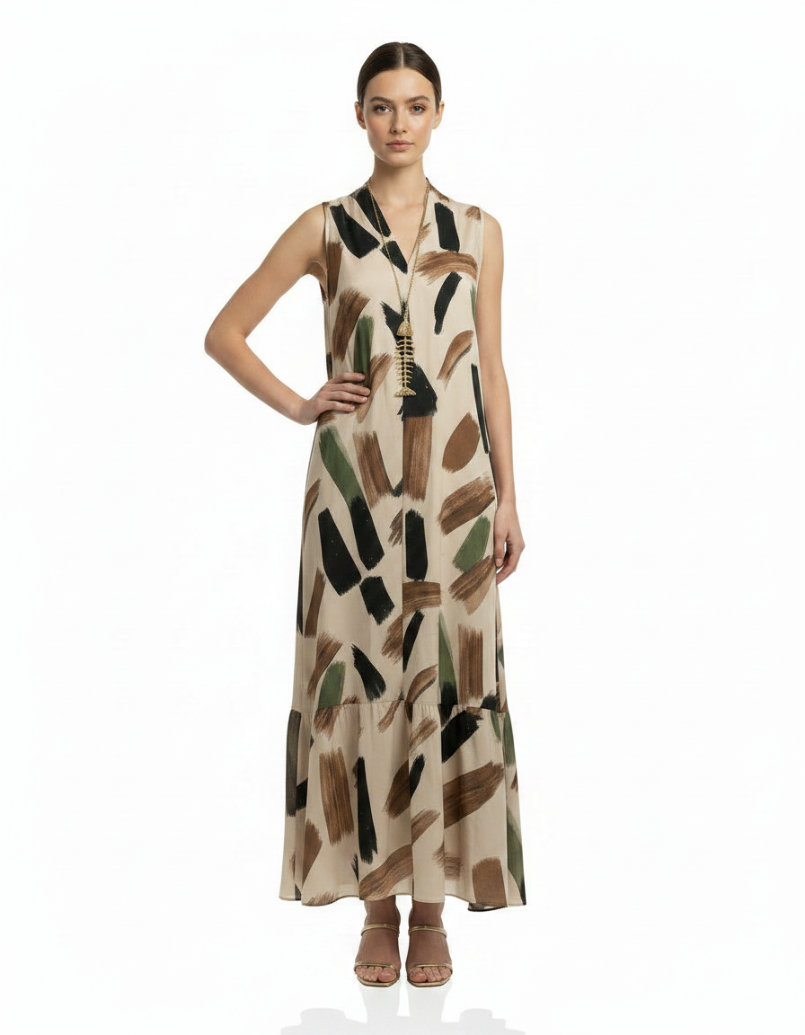 Heloise Watercolor Maxi Dress – Relaxed Fit V-Neck  Voile