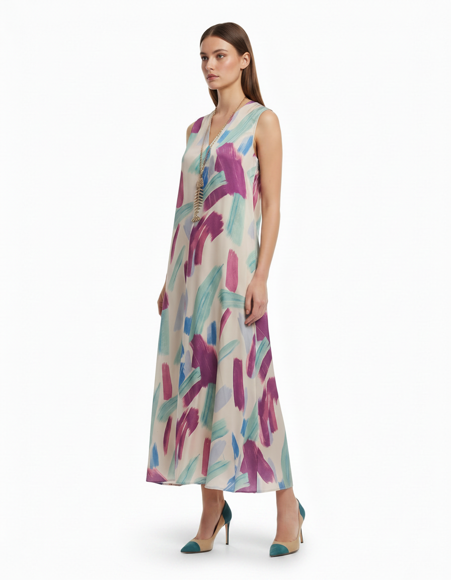 Heloise Watercolor Maxi Dress – Relaxed Fit V-Neck  Voile