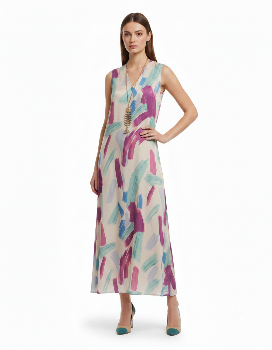 Heloise Watercolor Maxi Dress – Relaxed Fit V-Neck  Voile