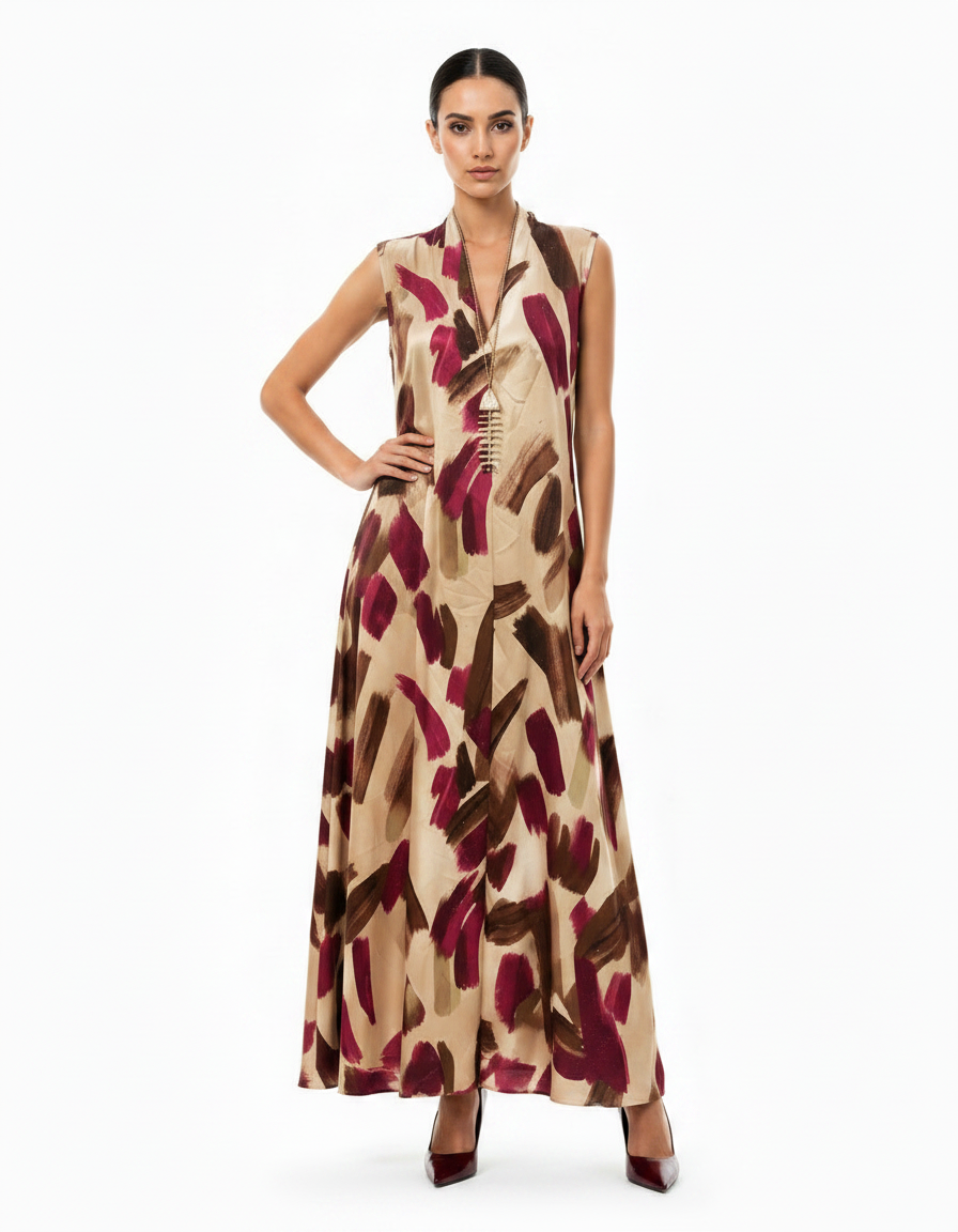 Heloise Watercolor Maxi Dress – Relaxed Fit V-Neck  Voile