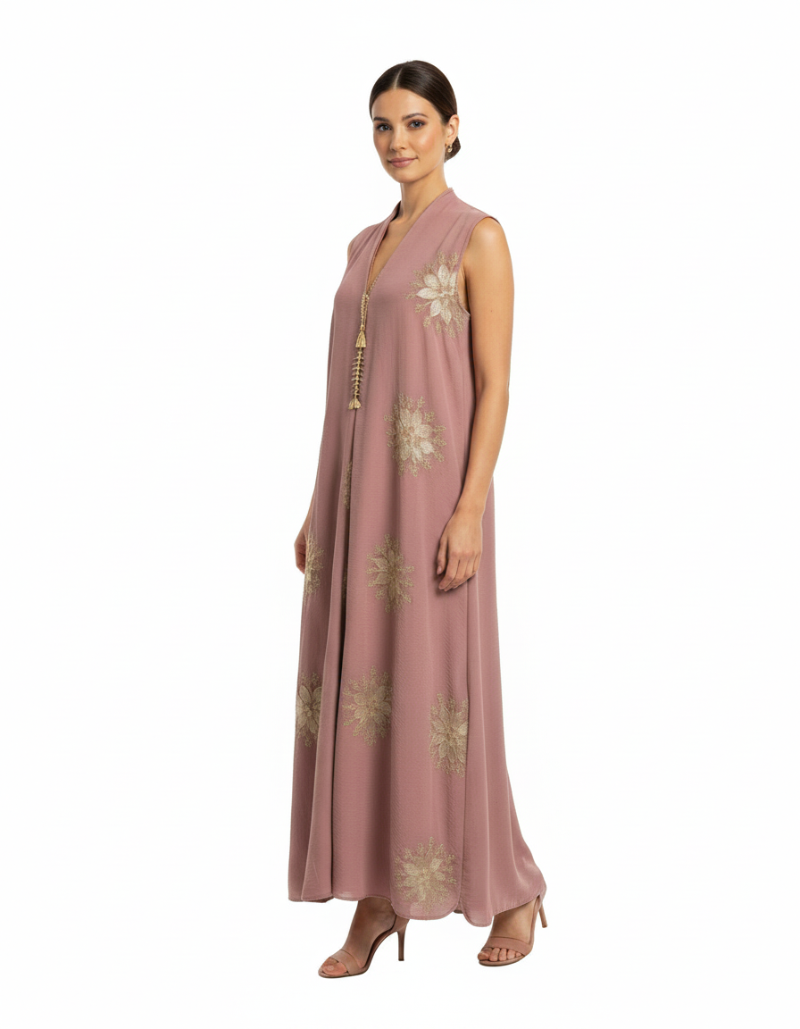 Lucille Leaf Print Maxi Dress – Relaxed Fit V-Neck  Voile