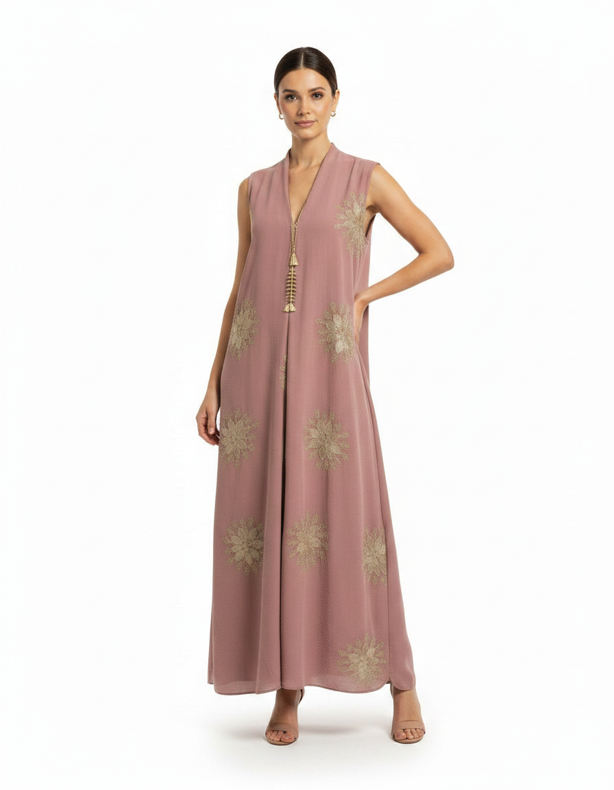Lucille Leaf Print Maxi Dress – Relaxed Fit V-Neck  Voile