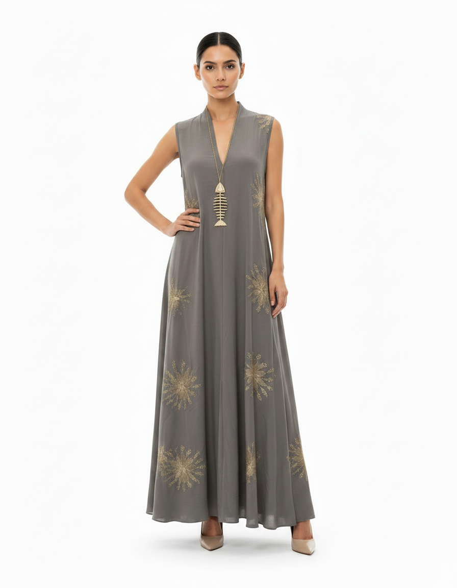 Lucille Leaf Print Maxi Dress – Relaxed Fit V-Neck  Voile