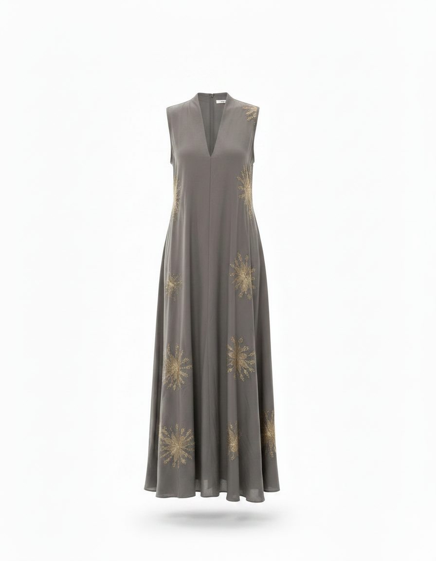 Lucille Leaf Print Maxi Dress – Relaxed Fit V-Neck  Voile
