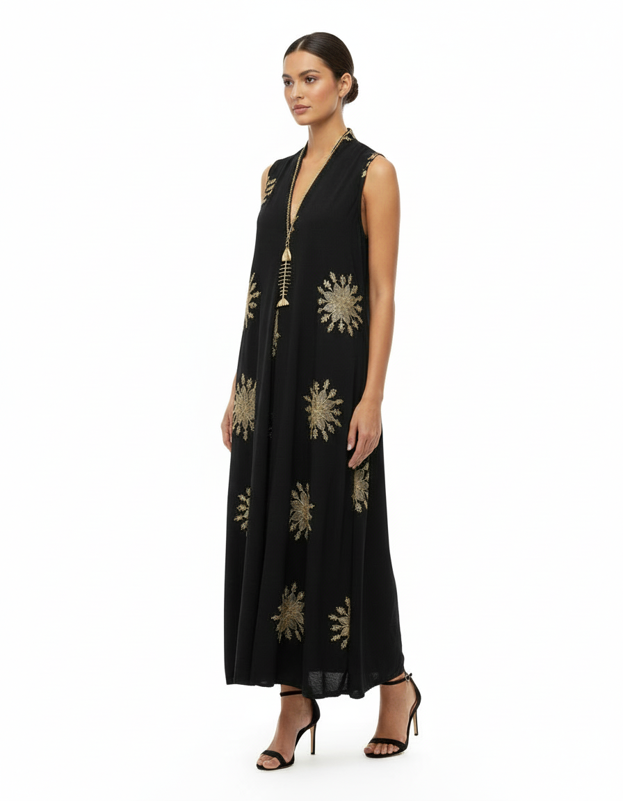 Lucille Leaf Print Maxi Dress – Relaxed Fit V-Neck  Voile