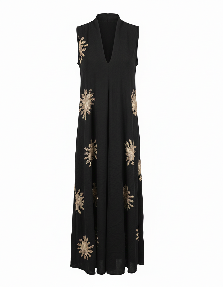 Lucille Leaf Print Maxi Dress – Relaxed Fit V-Neck  Voile