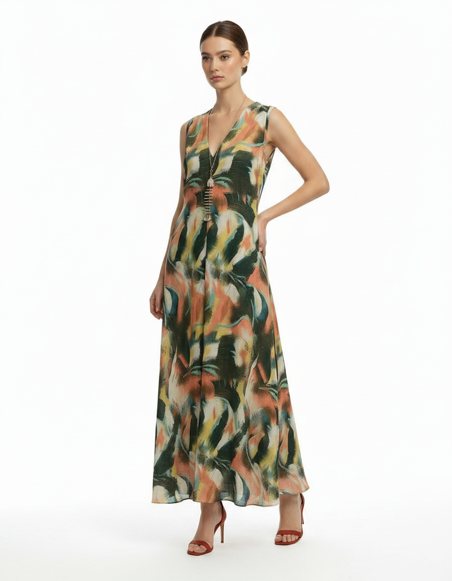 Mathilde Abstract Maxi Dress – Relaxed Fit V-Neck  Voile