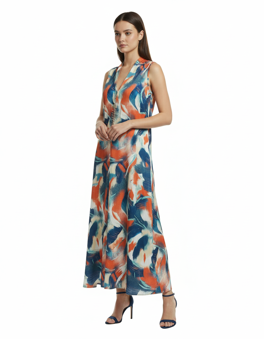 Mathilde Abstract Maxi Dress – Relaxed Fit V-Neck  Voile