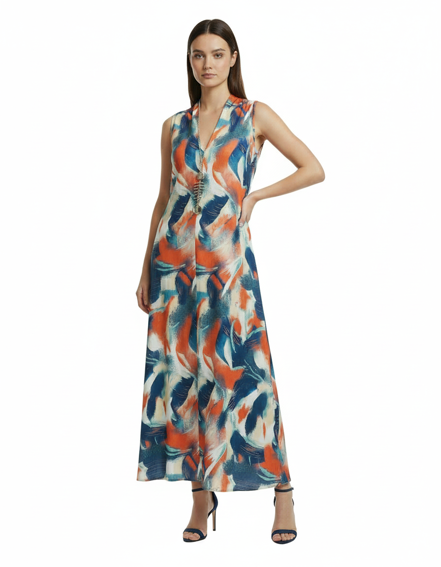 Mathilde Abstract Maxi Dress – Relaxed Fit V-Neck  Voile