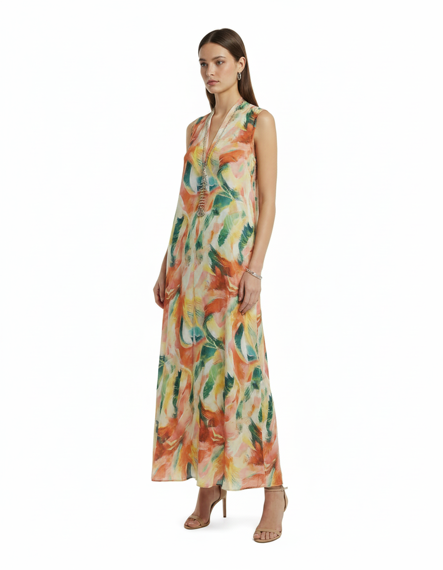 Mathilde Abstract Maxi Dress – Relaxed Fit V-Neck  Voile
