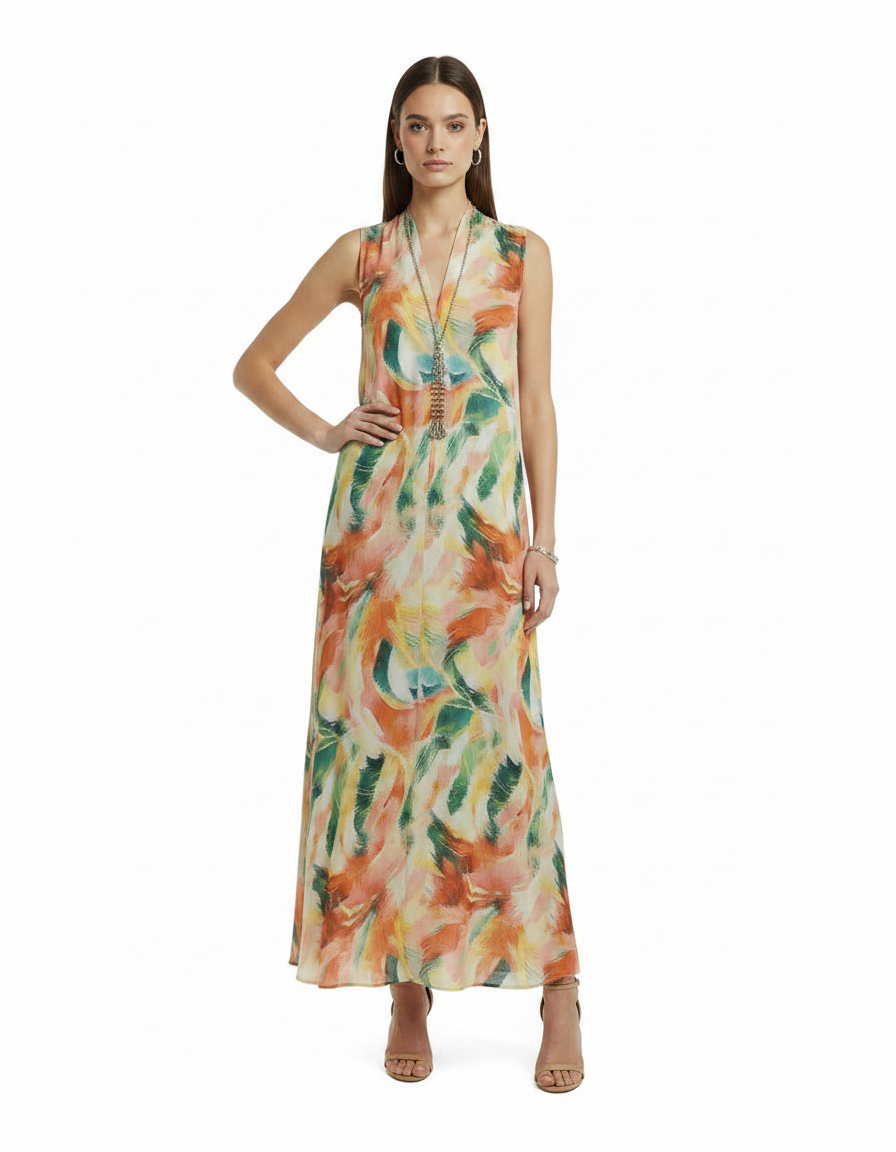 Mathilde Abstract Maxi Dress – Relaxed Fit V-Neck  Voile