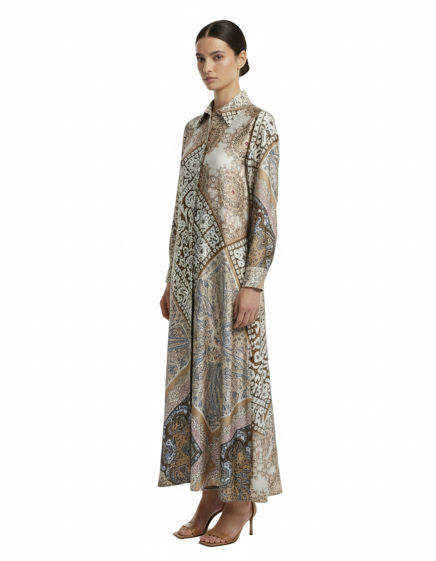 Chloe Tribal Maxi Dress – Button-Front Collared  Voile