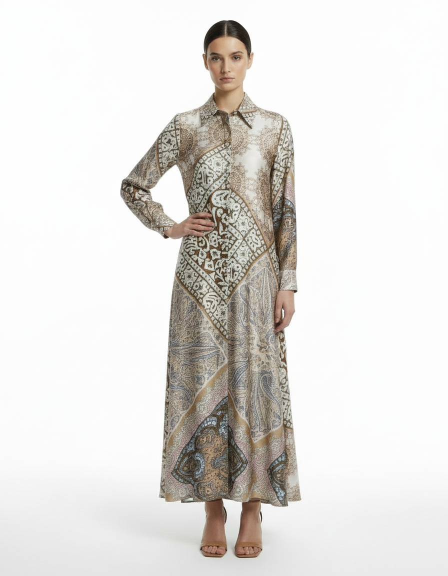 Chloe Tribal Maxi Dress – Button-Front Collared  Voile