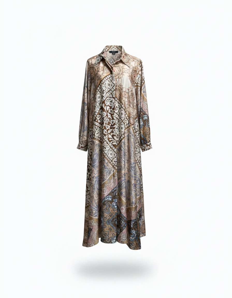 Chloe Tribal Maxi Dress – Button-Front Collared  Voile