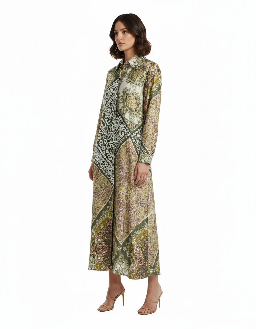 Chloe Tribal Maxi Dress – Button-Front Collared  Voile