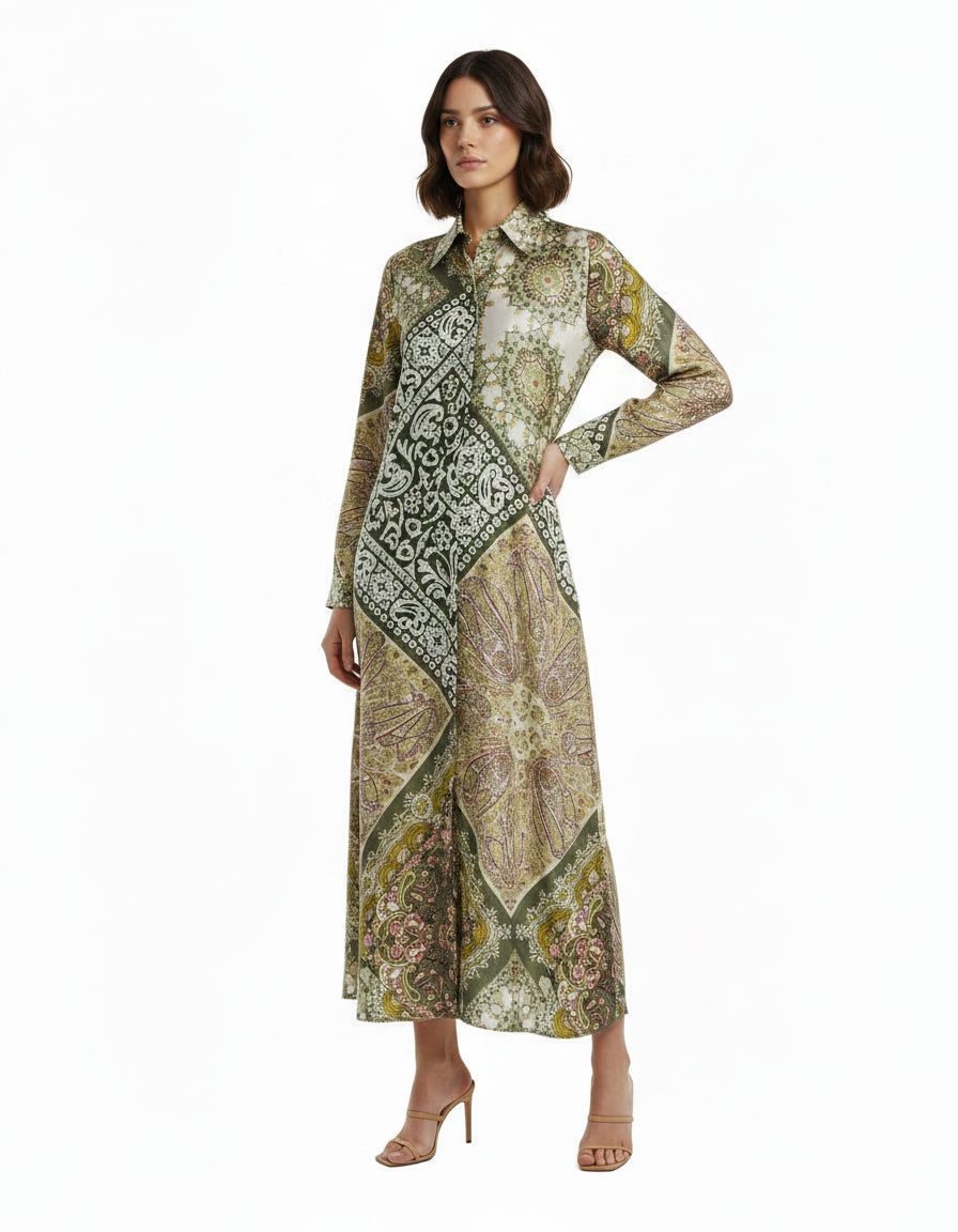 Chloe Tribal Maxi Dress – Button-Front Collared  Voile