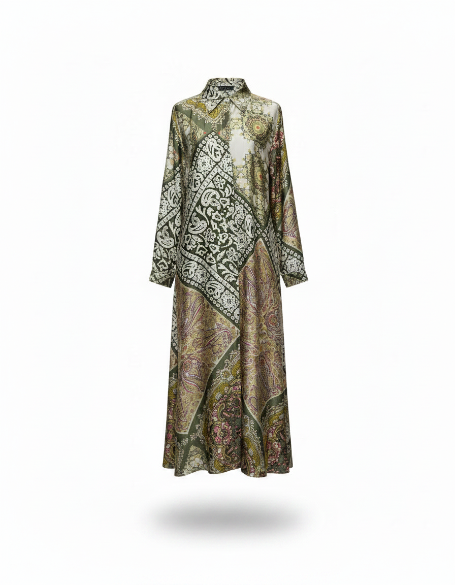 Chloe Tribal Maxi Dress – Button-Front Collared  Voile