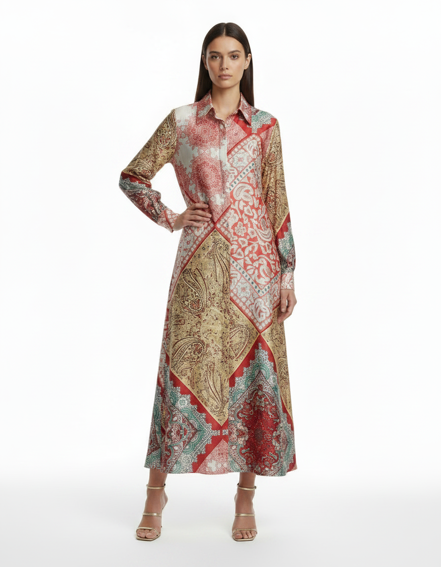 Chloe Tribal Maxi Dress – Button-Front Collared  Voile