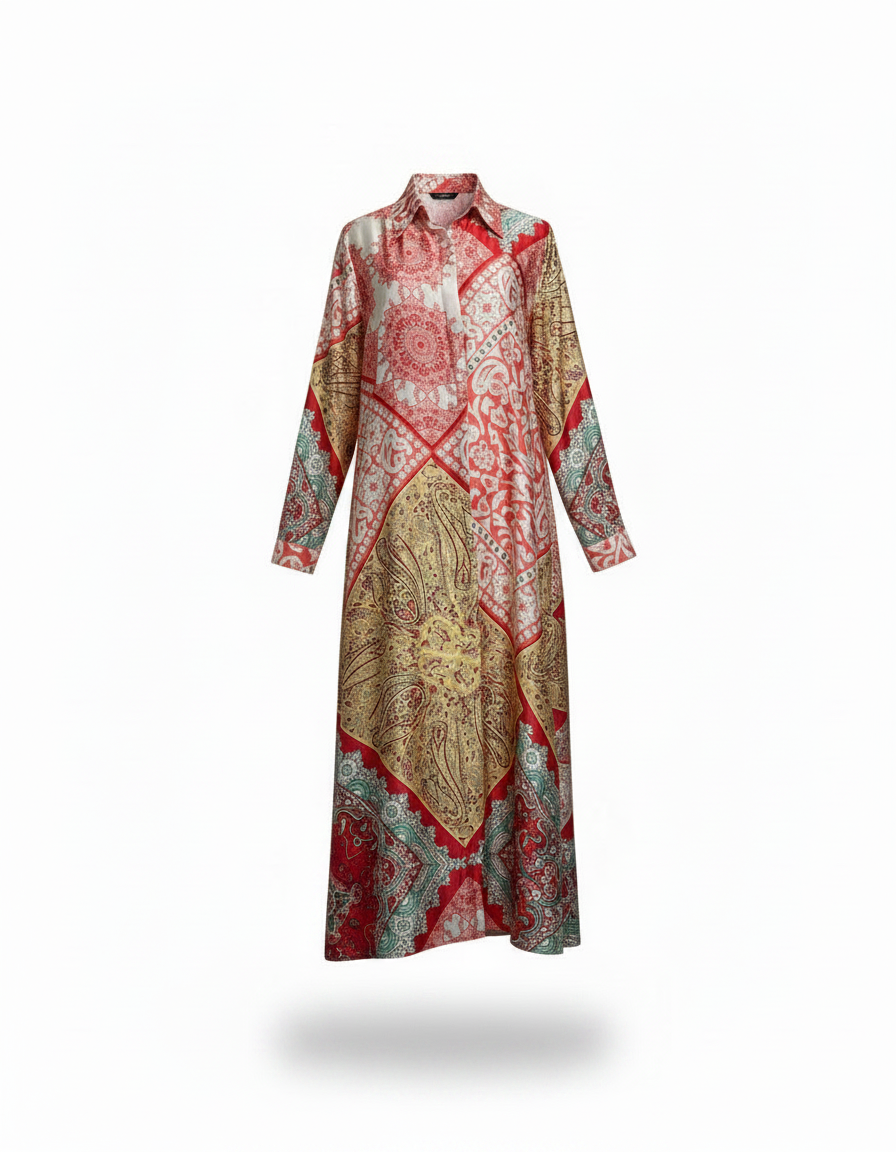 Chloe Tribal Maxi Dress – Button-Front Collared  Voile