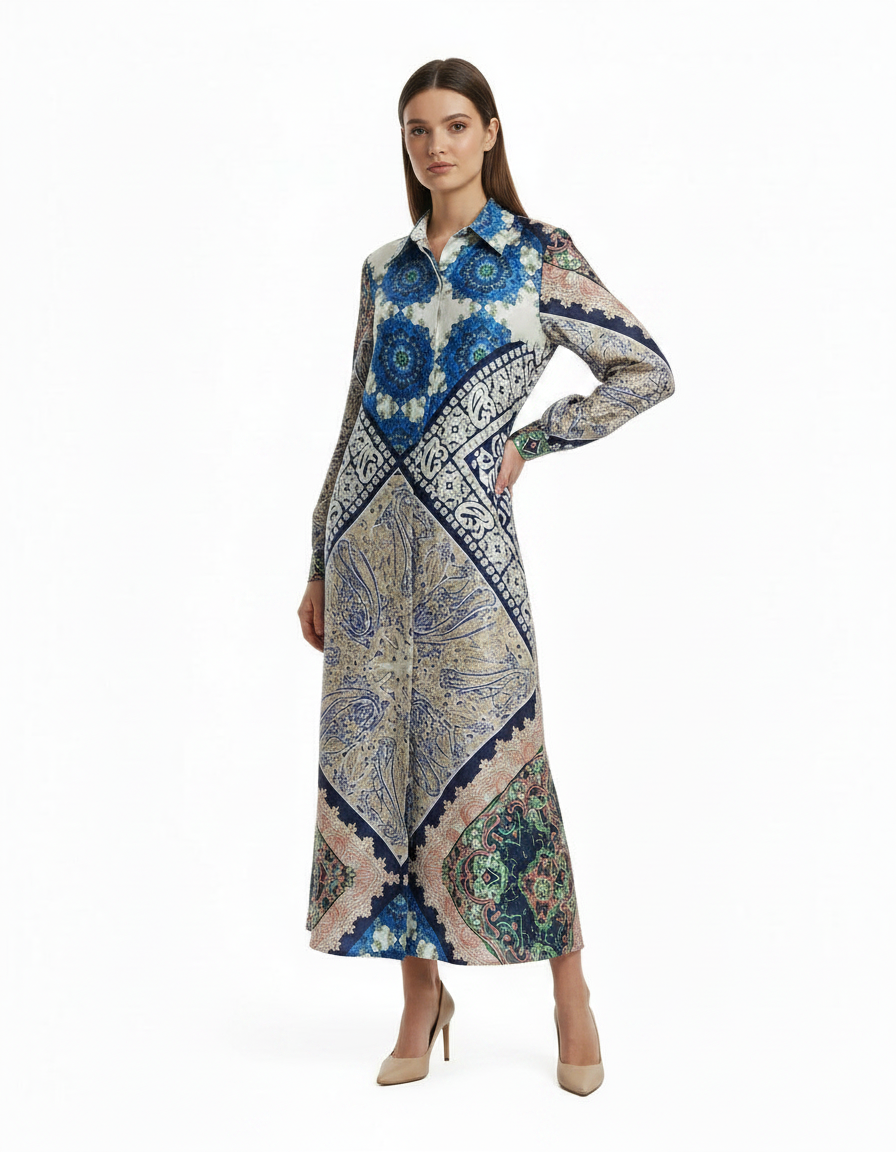 Chloe Tribal Maxi Dress – Button-Front Collared  Voile
