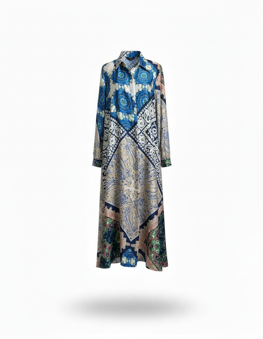 Chloe Tribal Maxi Dress – Button-Front Collared  Voile